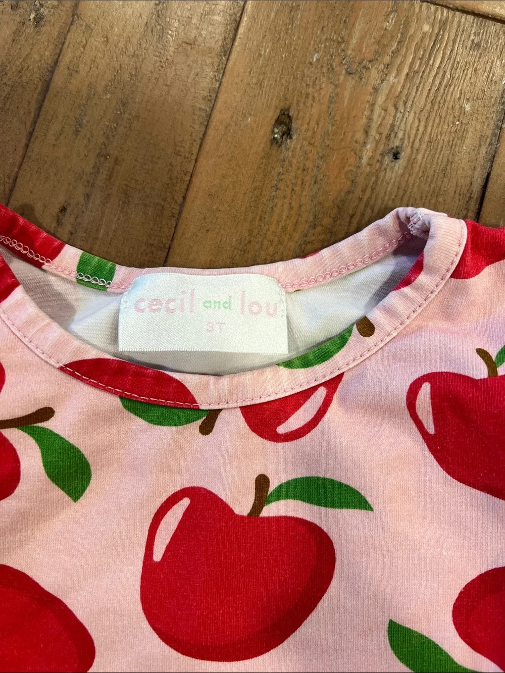 Cecil and Lou pink apple print ruffled two piece top and pants set 3T